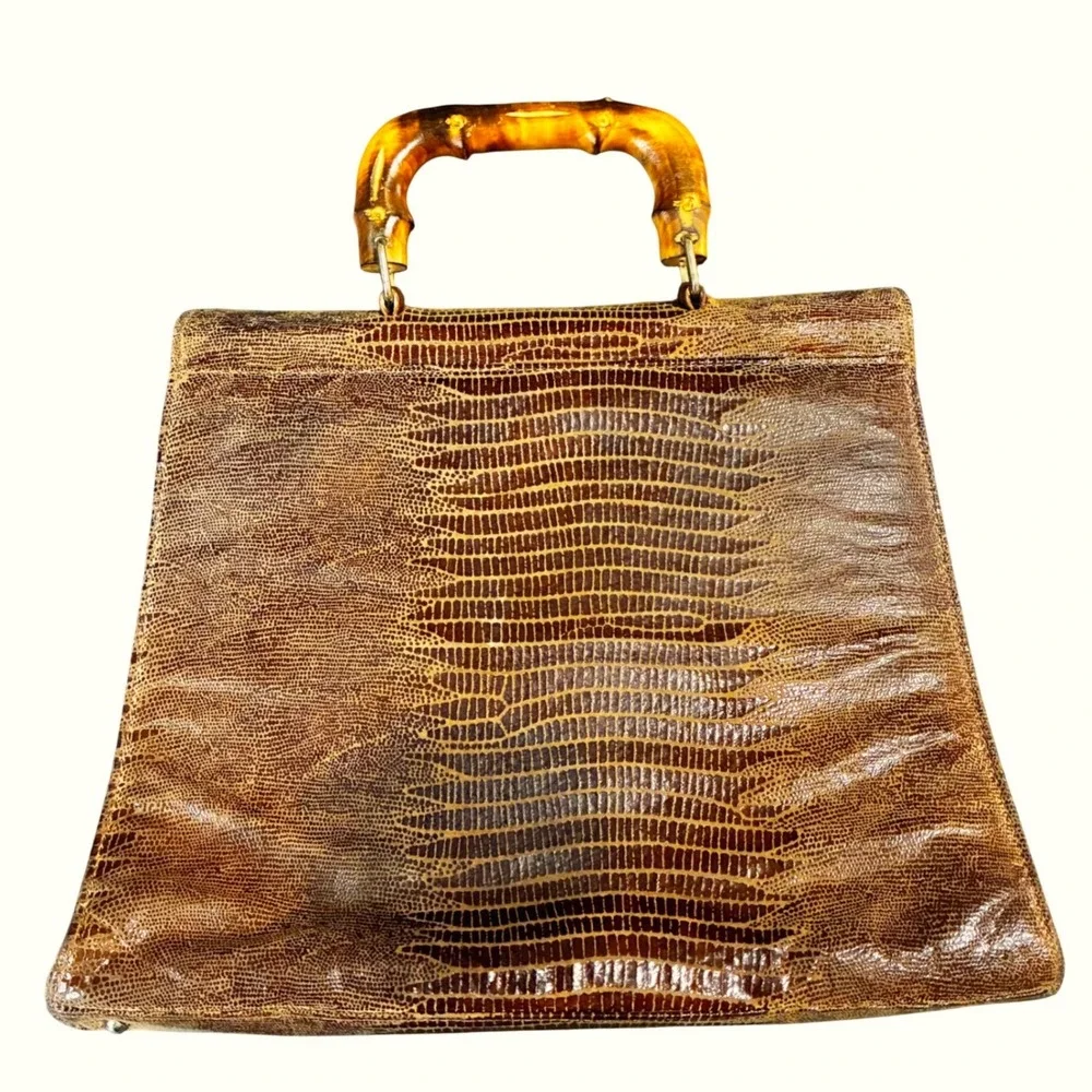 Vintage Due Fratelli Brown Lizard Embossed Leather Bamboo Top Handle Bag Satchel